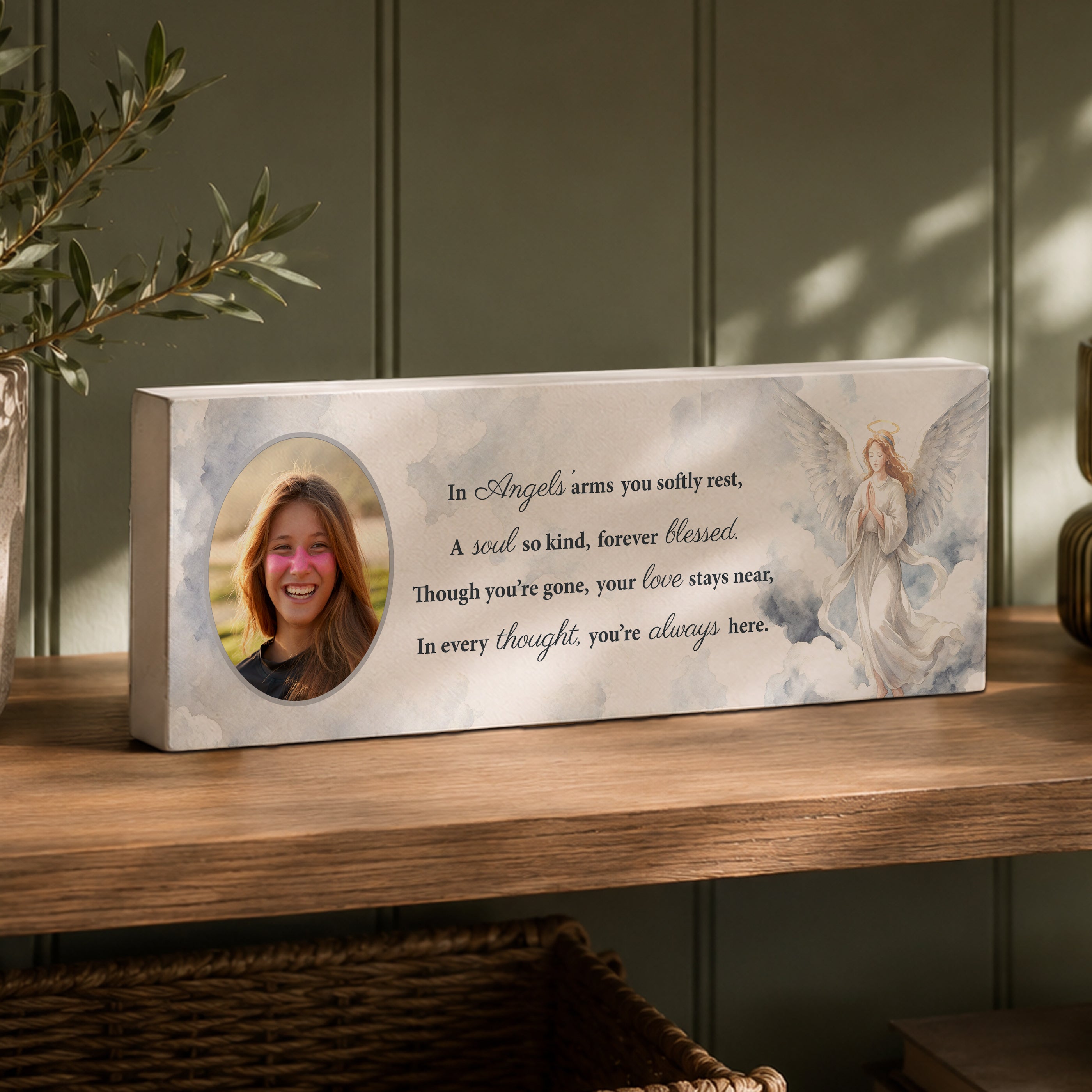 Personalised Memorial Angel Photo Upload Wooden Mantle Block