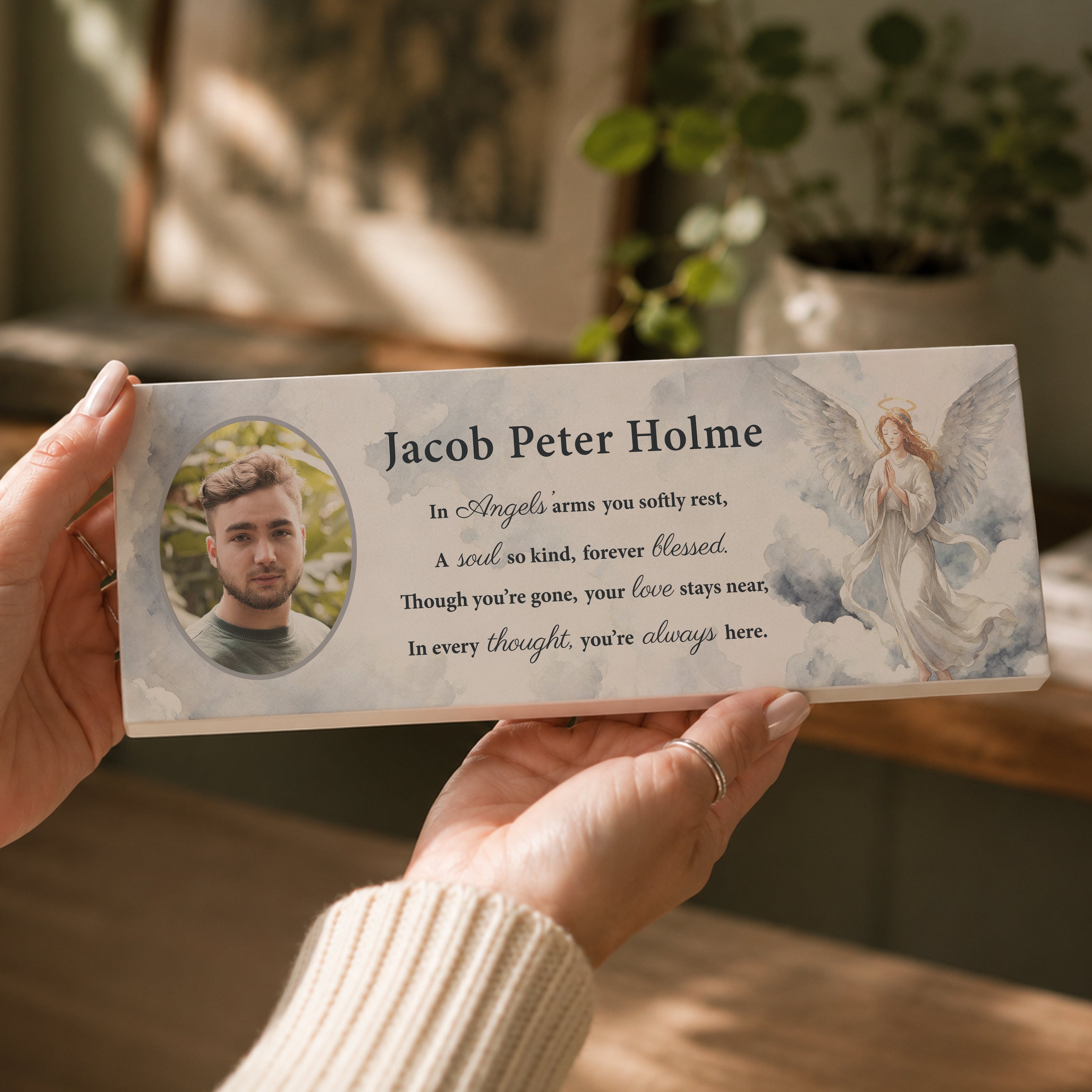 Personalised Memorial Angel Photo Upload Wooden Mantle Block