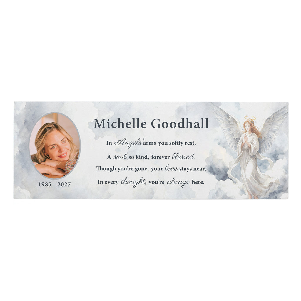 Personalised Memorial Angel Photo Upload Wooden Mantle Block