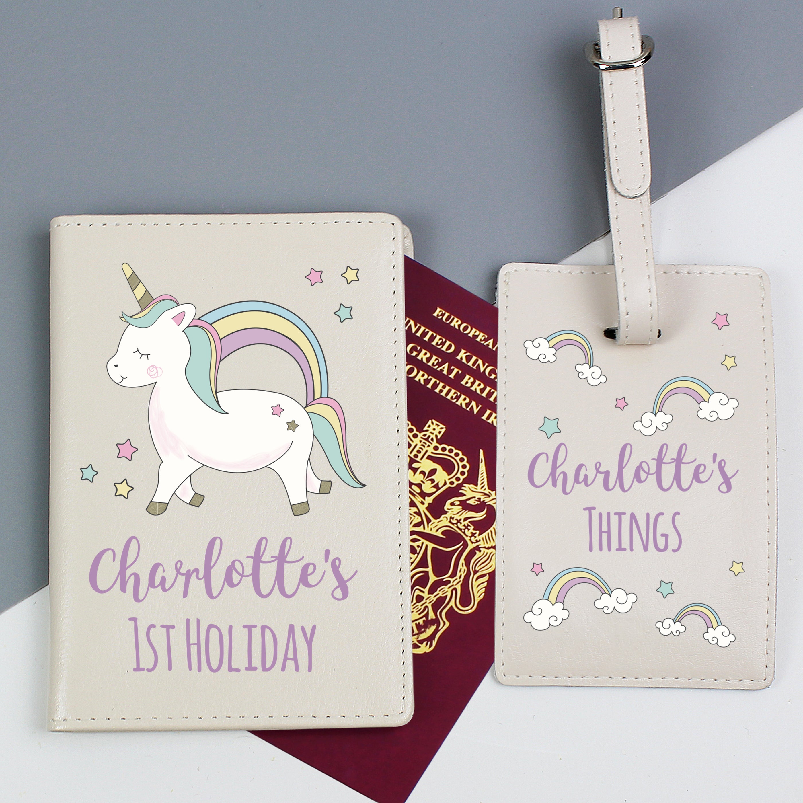 Personalised Baby Unicorn Cream Passport Holder & Luggage Tag Set