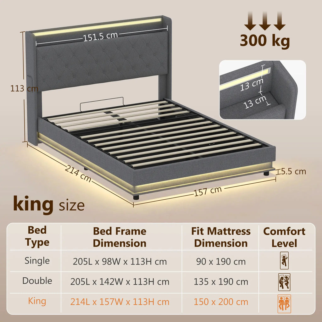 5ft King Bed Frame with Headboard, Platform Bed Frame with Hydraulic Storage, LED Lights and Charging Station, Grey