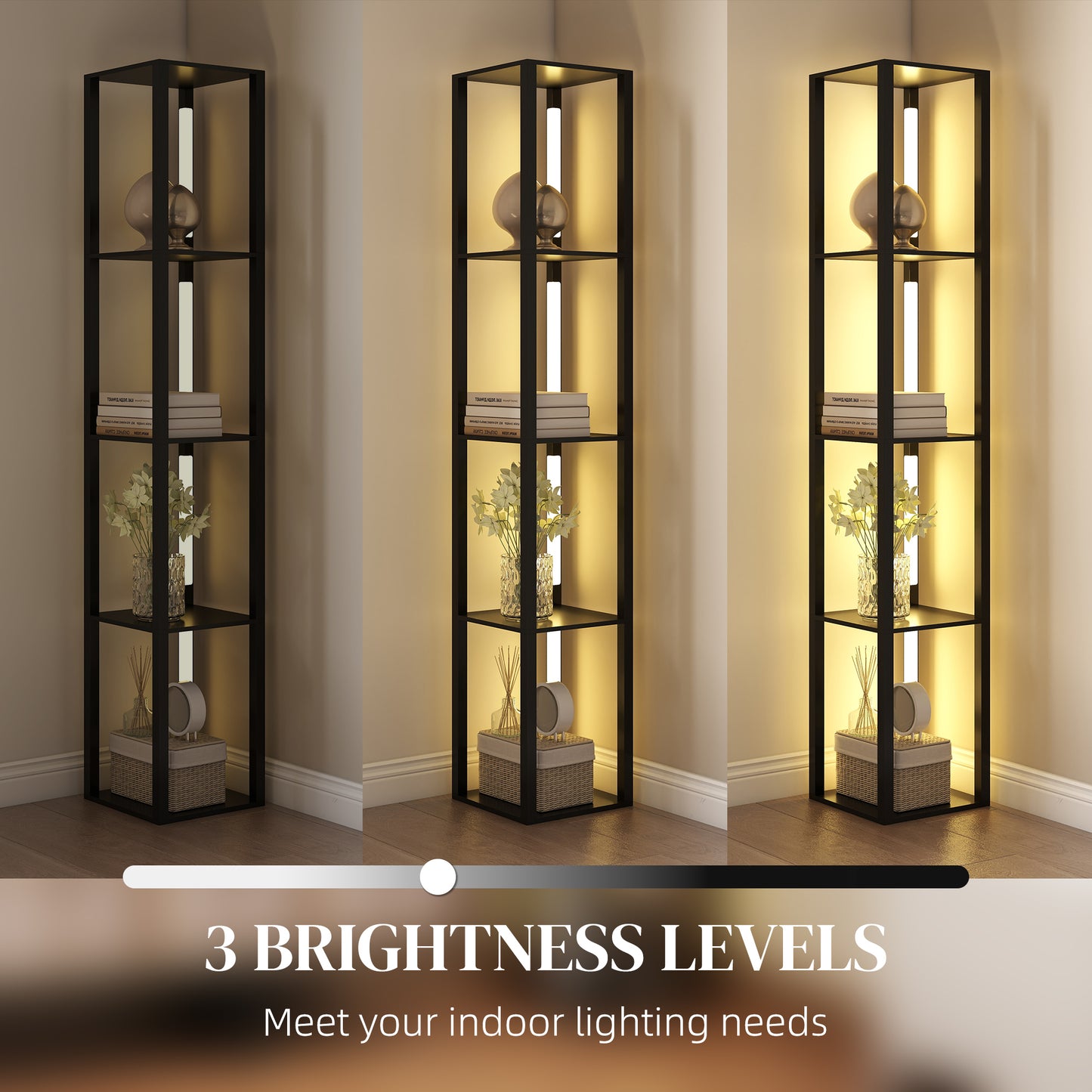 Floor Lamp with Shelves, 4 Layer Dimmable Column Modern Standing Lamp with 3 Brightness Levels