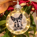 Personalised light-up Christmas bauble with a family photograph, warm LED lights and silver hanging cap, by South Shore Gifts.