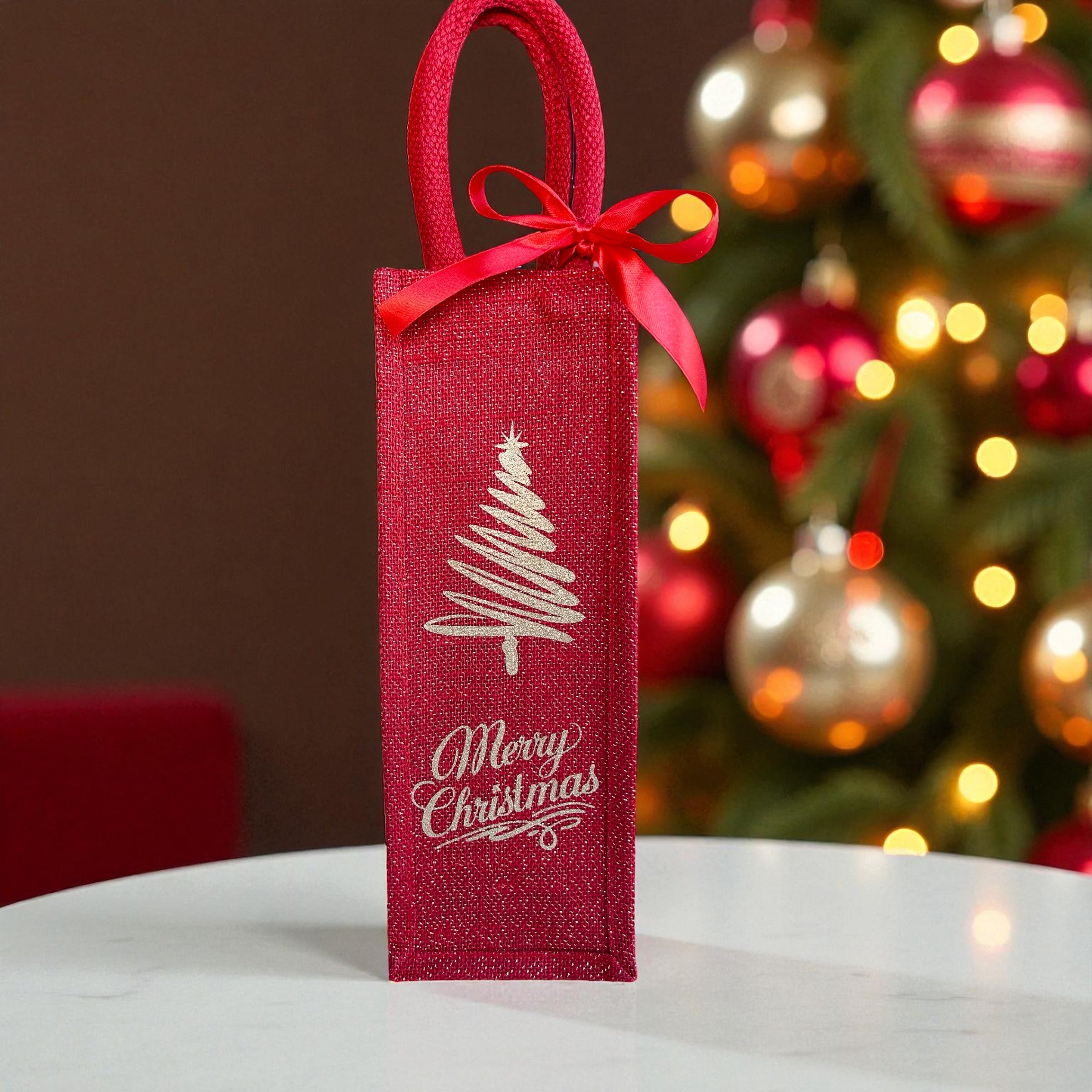Merry Christmas Red & Gold Shimmer Bottle Bag