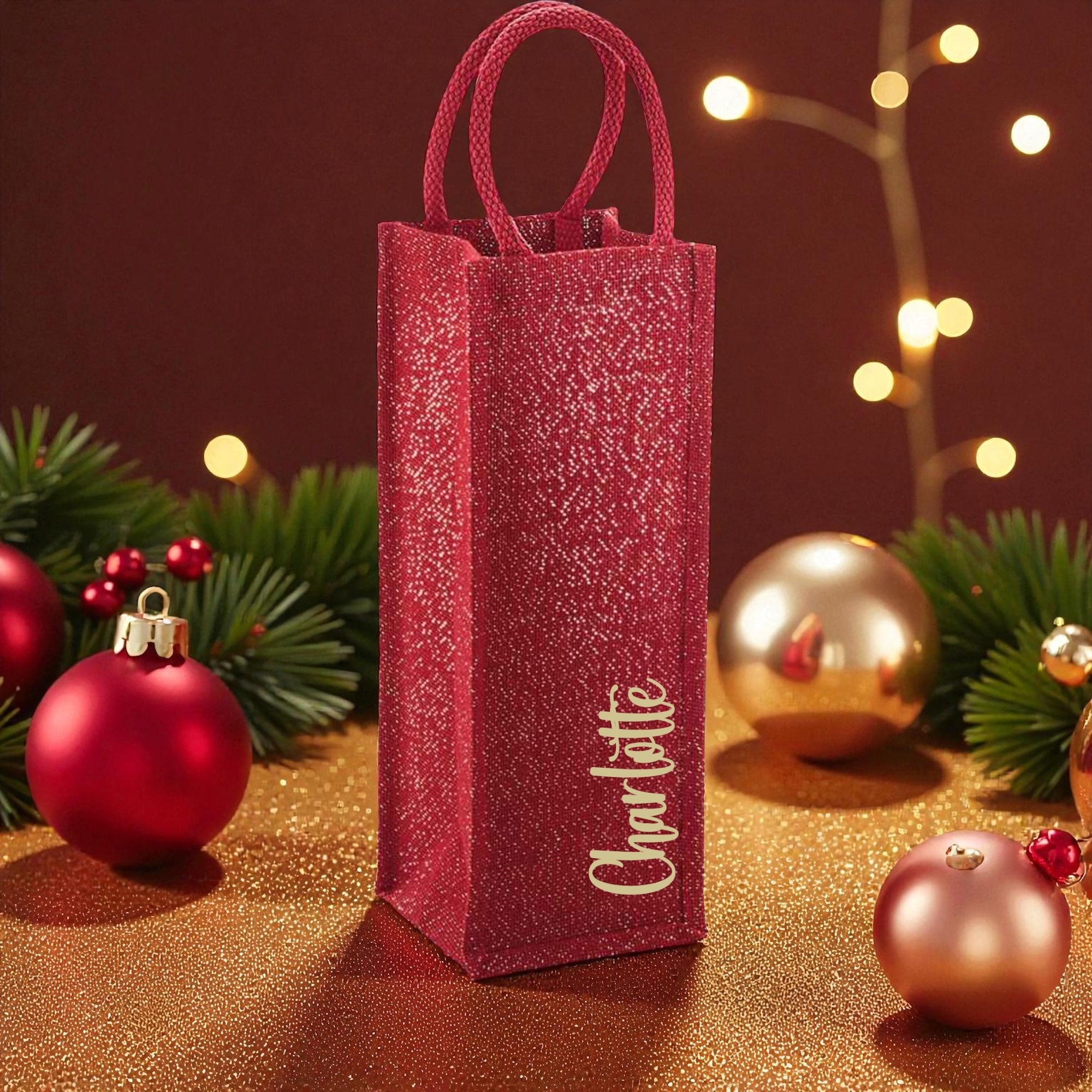 Personalised Red & Gold Shimmer Bottle Bag