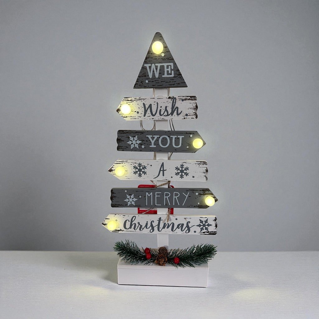 LED Wooden Christmas Tree with Festive Message - White