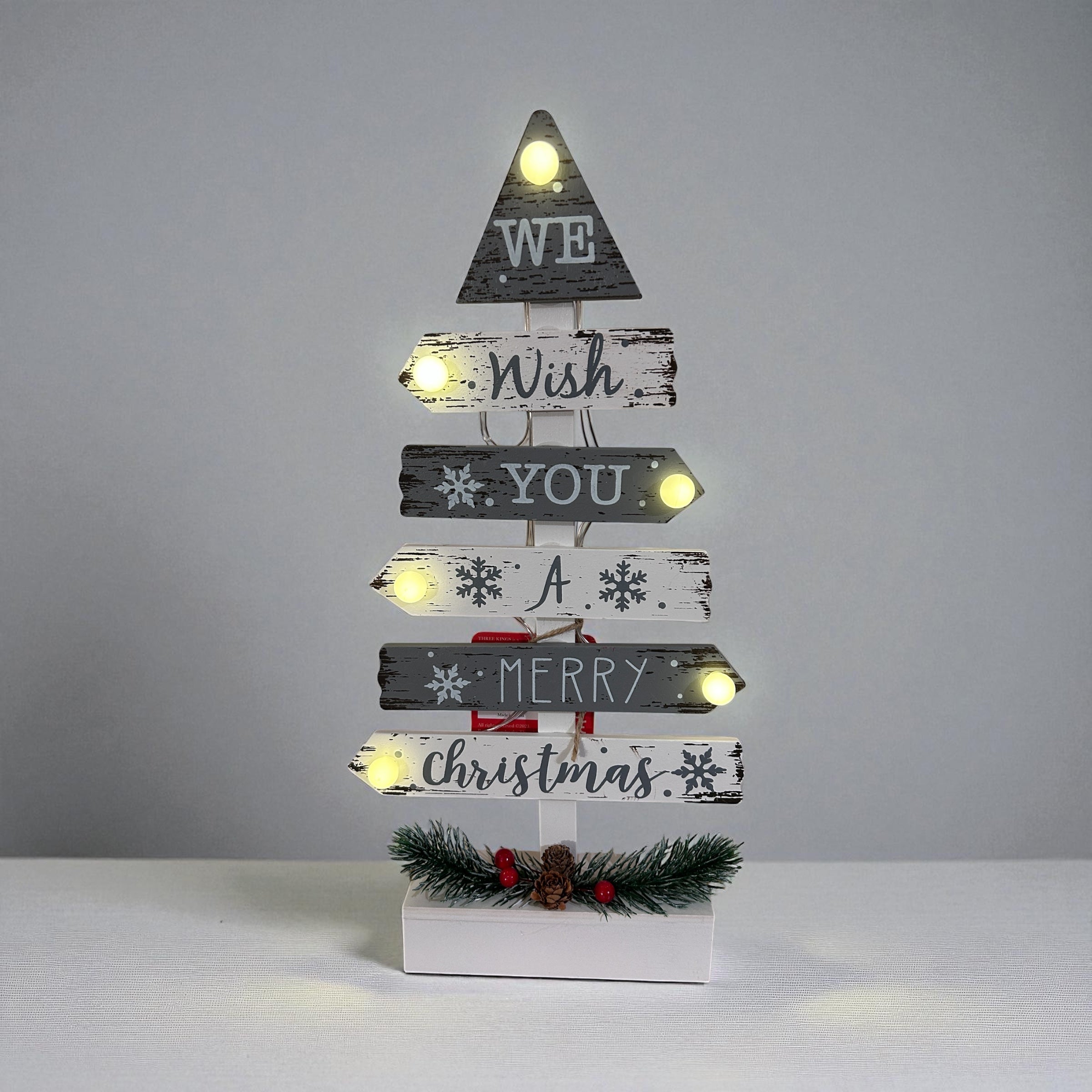 LED Wooden Christmas Tree with Festive Message - White