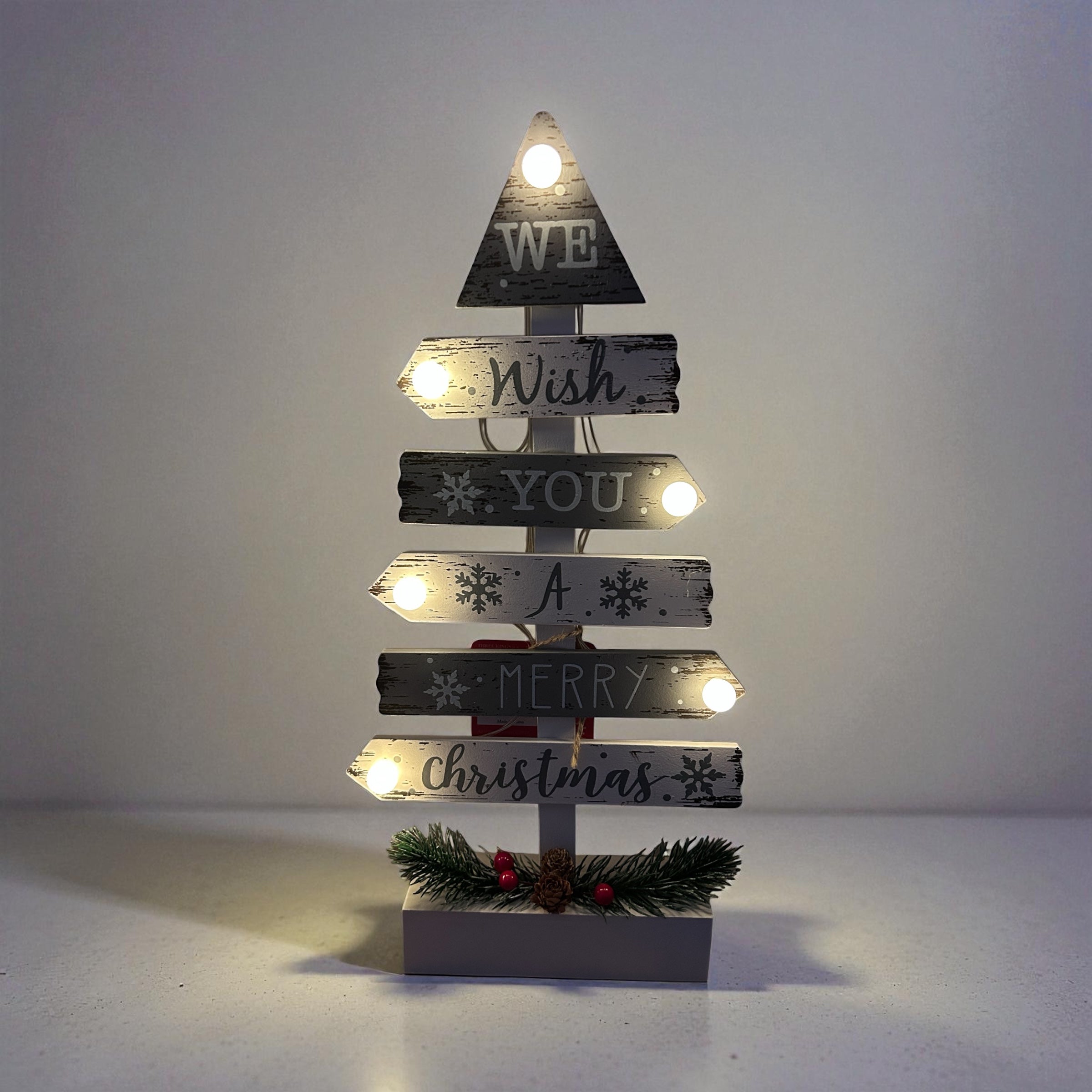 LED Wooden Christmas Tree with Festive Message - White