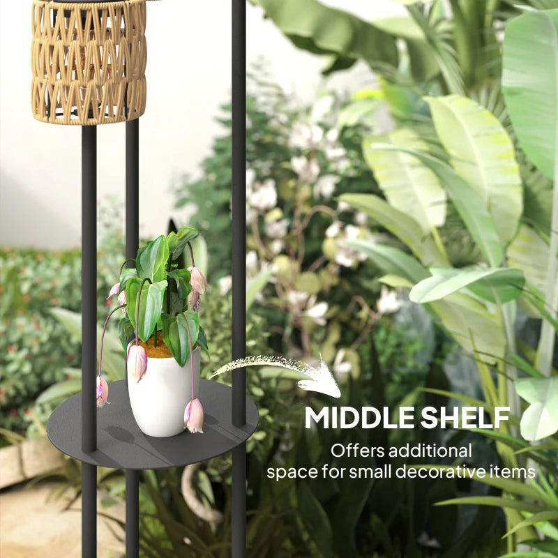 Boho Rattan Floor Lamp, 3-Lights Rattan Lamp with Shelf, Freestanding Solar Garden Light with Auto On/Off Lights
