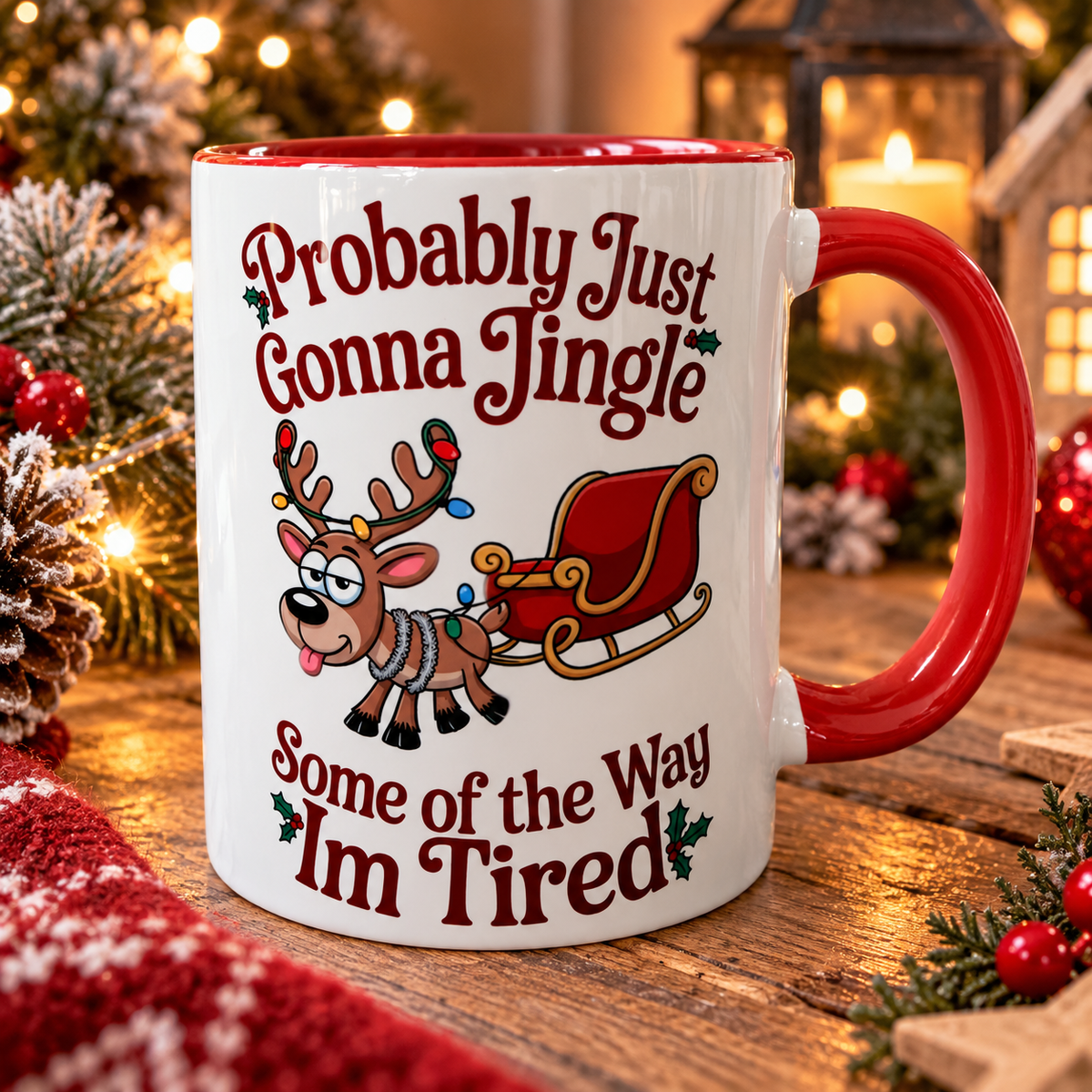 Funny Christmas reindeer mug saying Probably Just Gonna Jingle Some of the Way I’m Tired with red handle