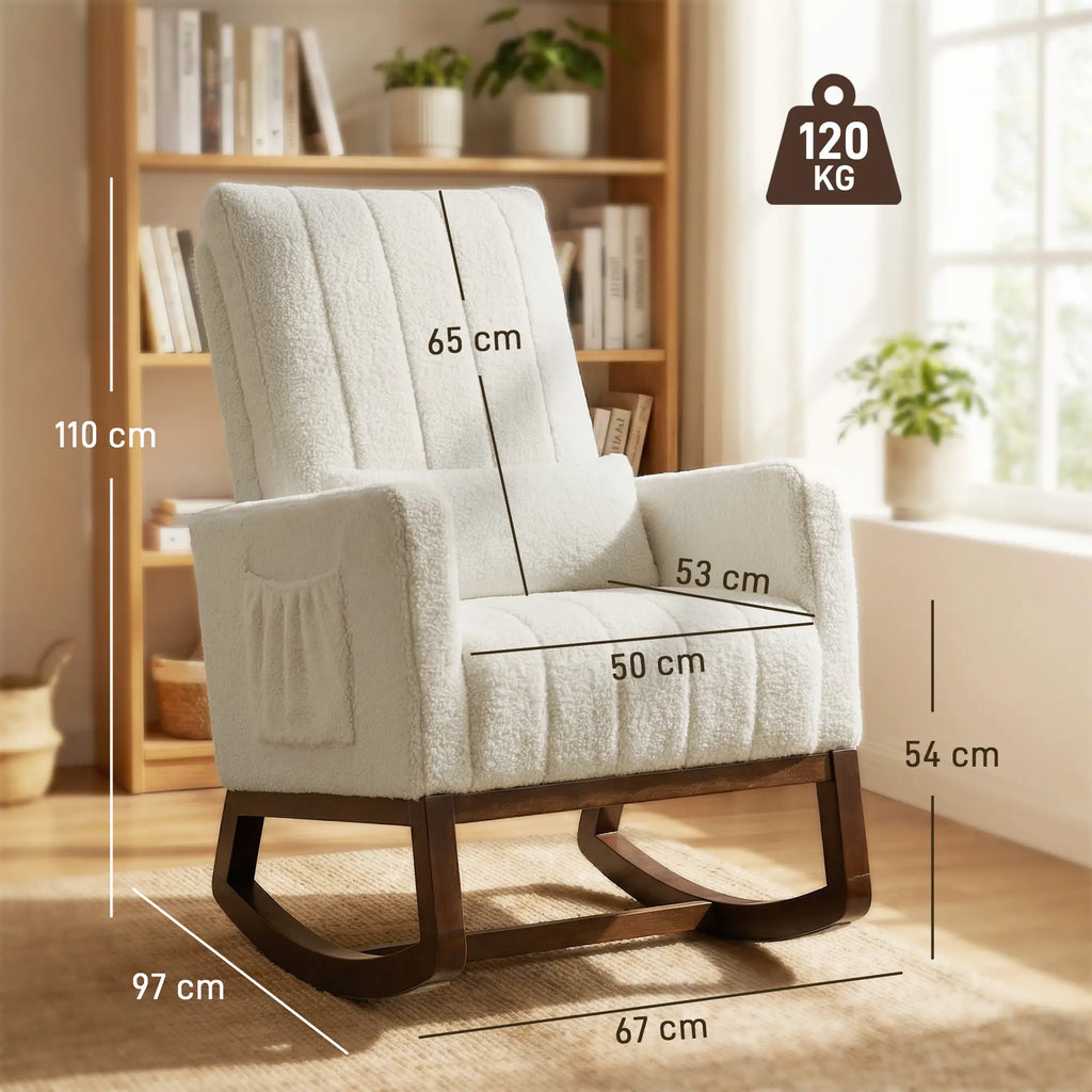 Rocking Chair for Adults, Lounge Rocker Chair with Lumbar Pillow, High Back, Wood Base, Side Pockets, Cream White