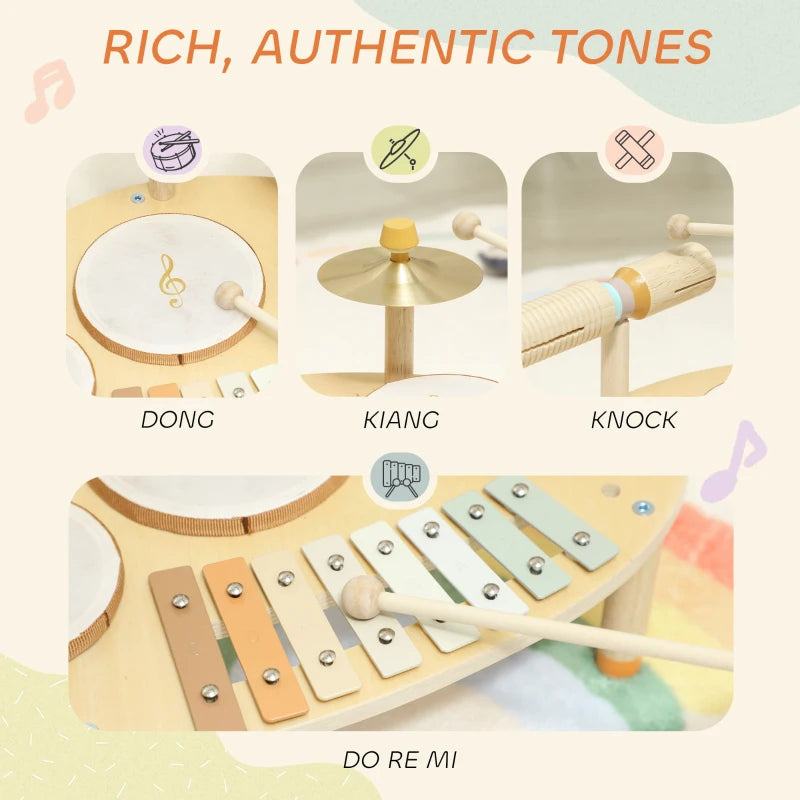 Baby Drum Kit, Wooden Kids Musical Instruments with Drums and Xylophone, Gifts for Girls Boys Birthday, Natural