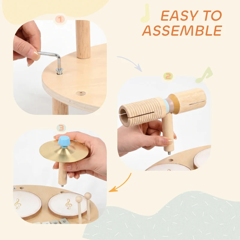 Baby Drum Kit, Wooden Kids Musical Instruments with Drums and Xylophone, Gifts for Girls Boys Birthday, Natural