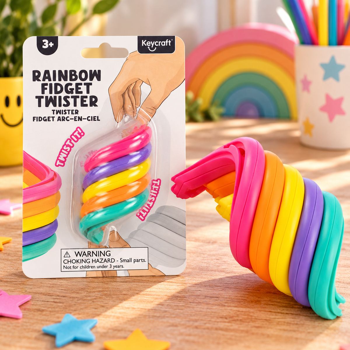 Keycraft Rainbow Fidget Twister sensory toy featuring colourful pink, orange, yellow, purple and turquoise twisting sections.
