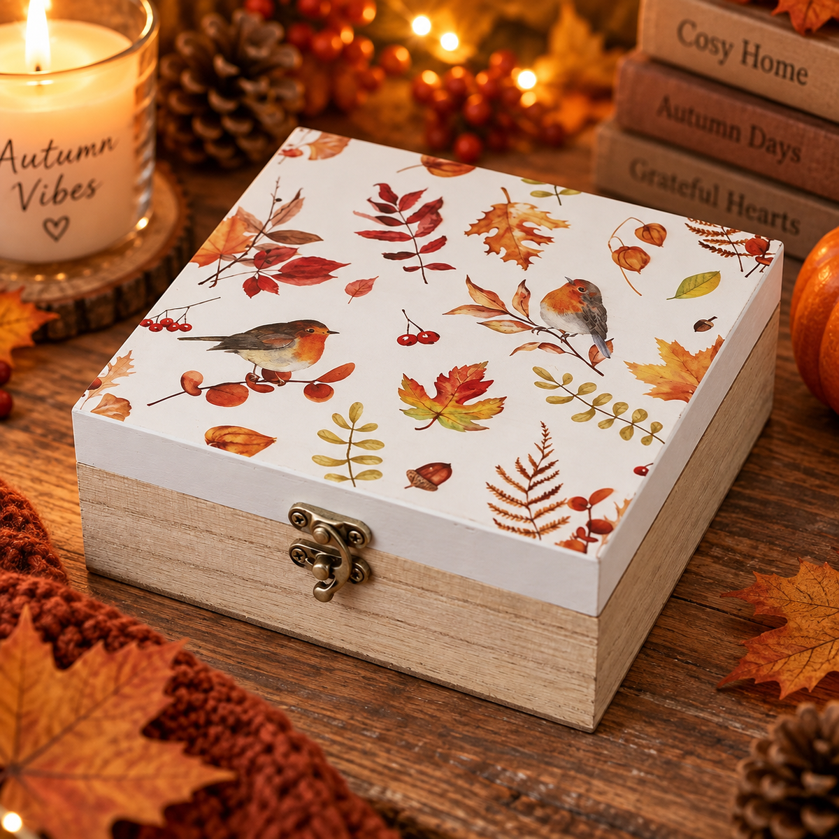 Wooden robin keepsake box with autumn leaves berries and woodland design
