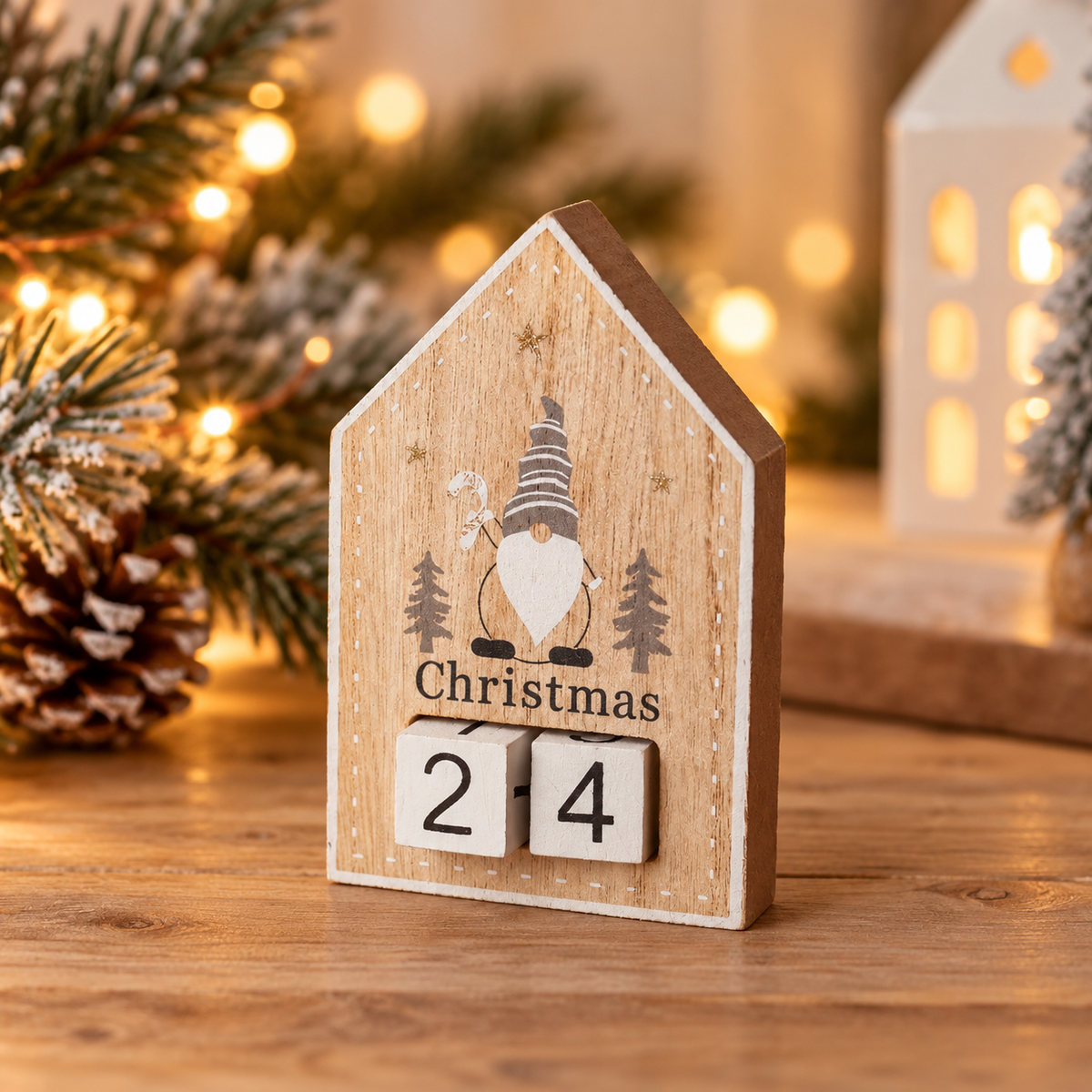 House-shaped wooden Christmas countdown block featuring a grey and white gonk, grey Christmas trees and two numbered wooden cubes, displayed in a cosy festive setting.