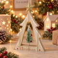 Rustic wooden Christmas tree ornament with miniature decorated tree and gold star