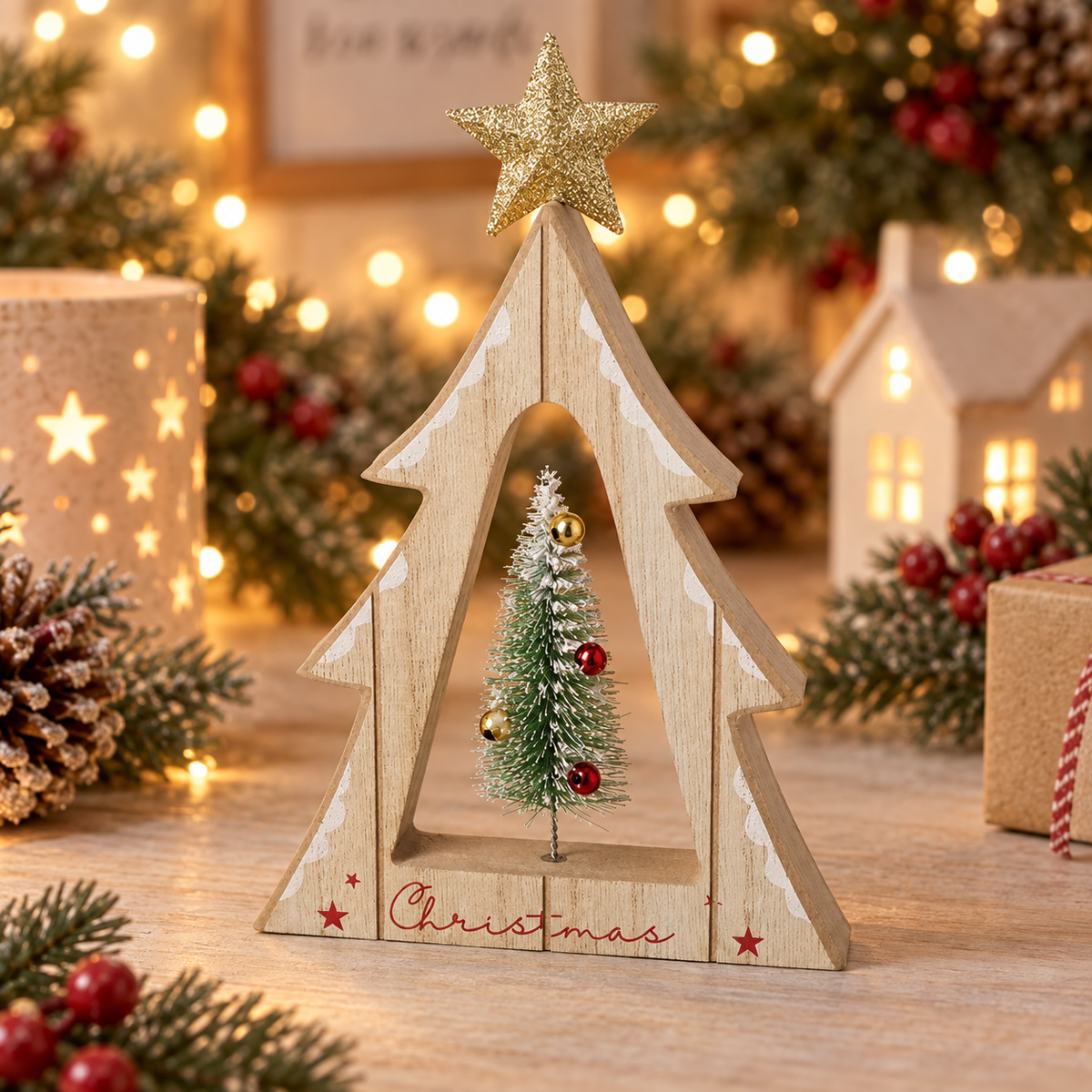 Rustic wooden Christmas tree ornament with miniature decorated tree and gold star