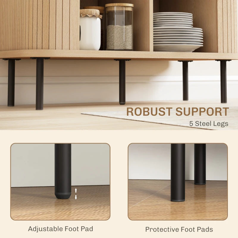 Mid-Century Modern Sideboard Storage Cabinet with Slatted Tambour Sliding Doors, Oak Tone