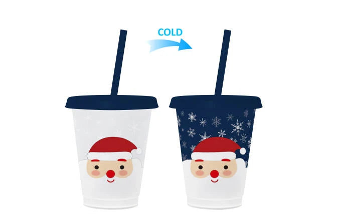 Santa cold cup changing from white to blue when filled with a cold drink