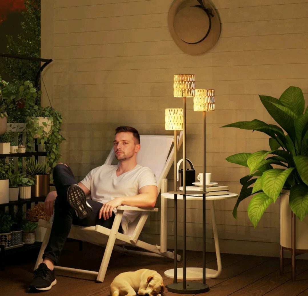 Boho Rattan Floor Lamp, 3-Lights Rattan Lamp with Shelf, Freestanding Solar Garden Light with Auto On/Off Lights