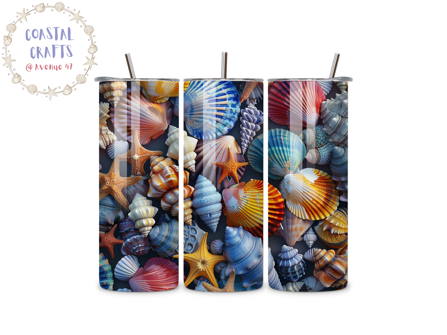 20oz Stainless Steel Skinny Tumbler - Seashells - 12 Designs