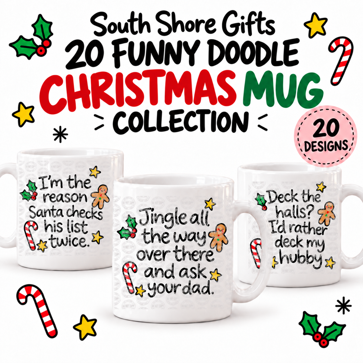 Funny Festive Doodle Mugs – 20 Hilarious Christmas Designs | Personalised 11oz Ceramic Mugs