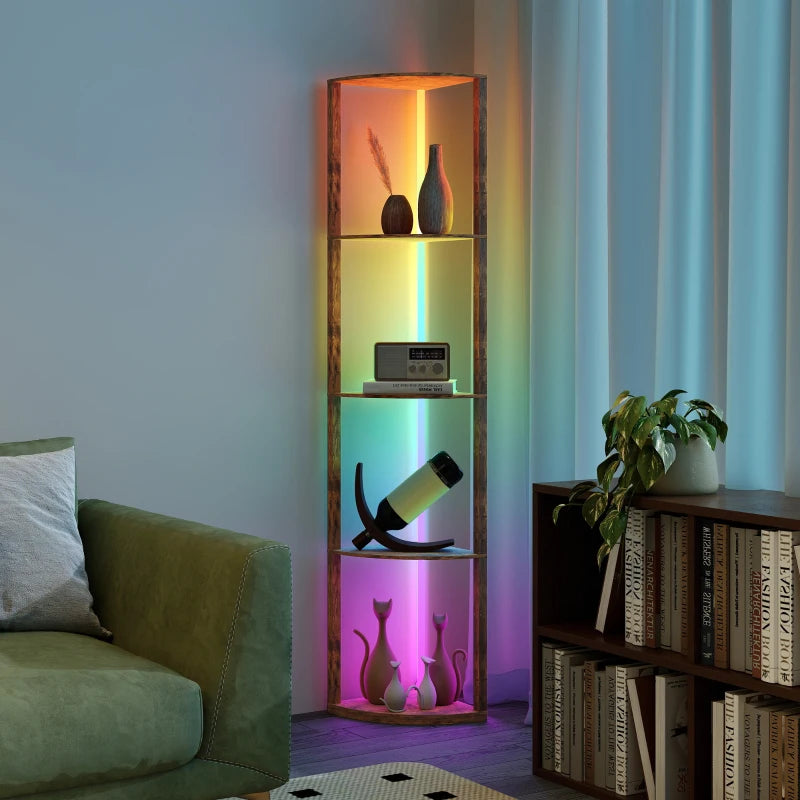 RGB Standing Lamp with Shelves, 4-Tier LED Floor Lamp with Multiple Lighting Modes, Rustic Brown