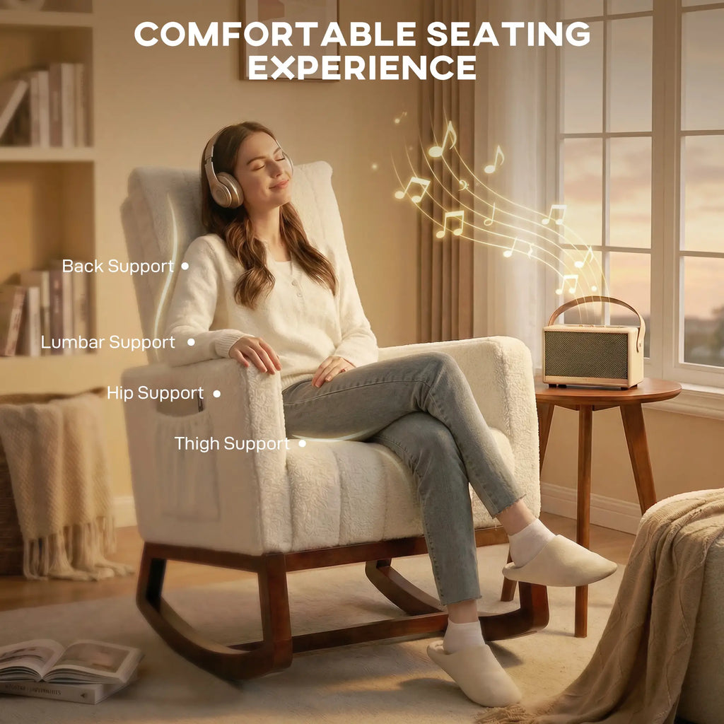 Rocking Chair for Adults, Lounge Rocker Chair with Lumbar Pillow, High Back, Wood Base, Side Pockets, Cream White