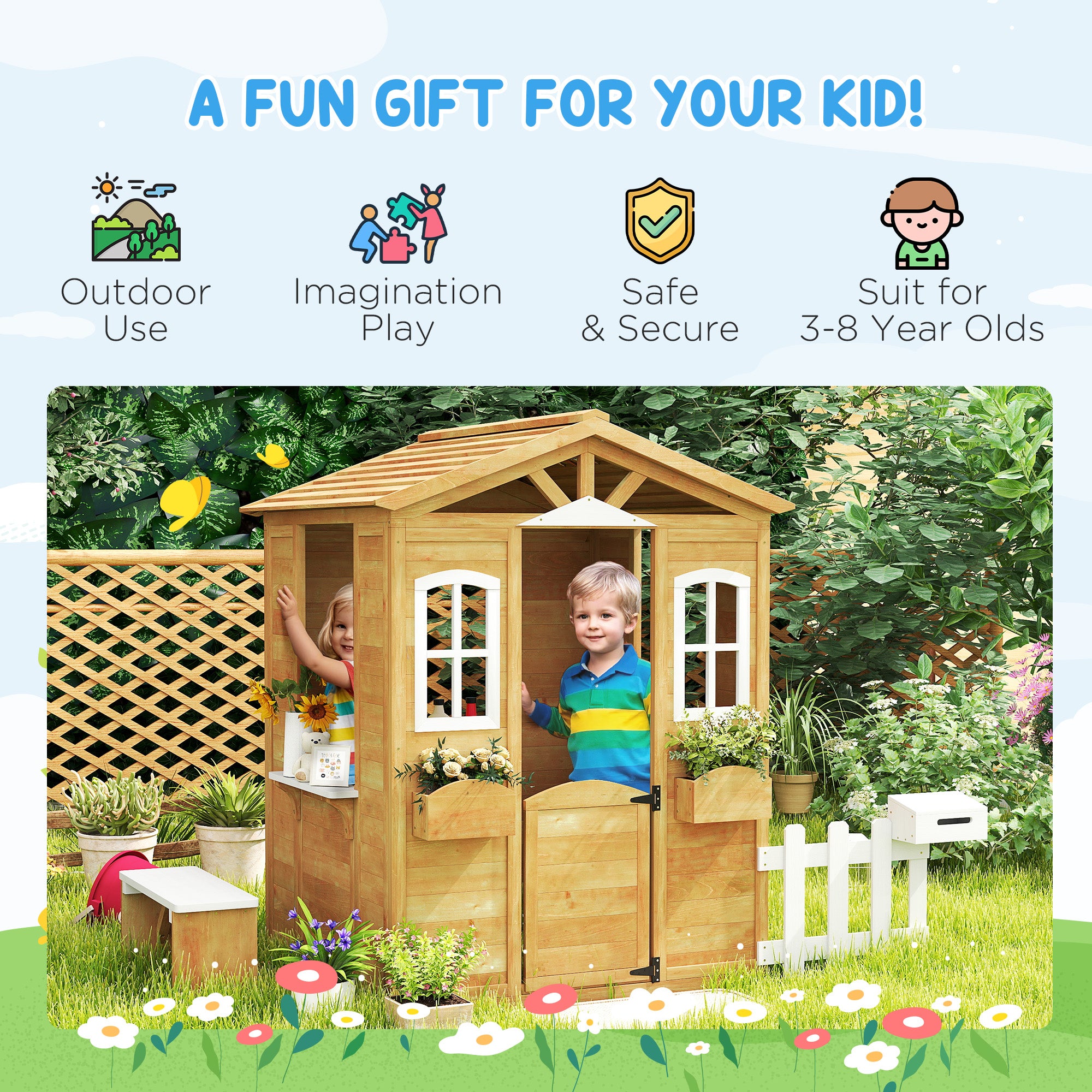 Wooden Playhouse for Kids with Door, Windows, Mailbox, Flower Pot Holder, Serving Station, Bench for Children