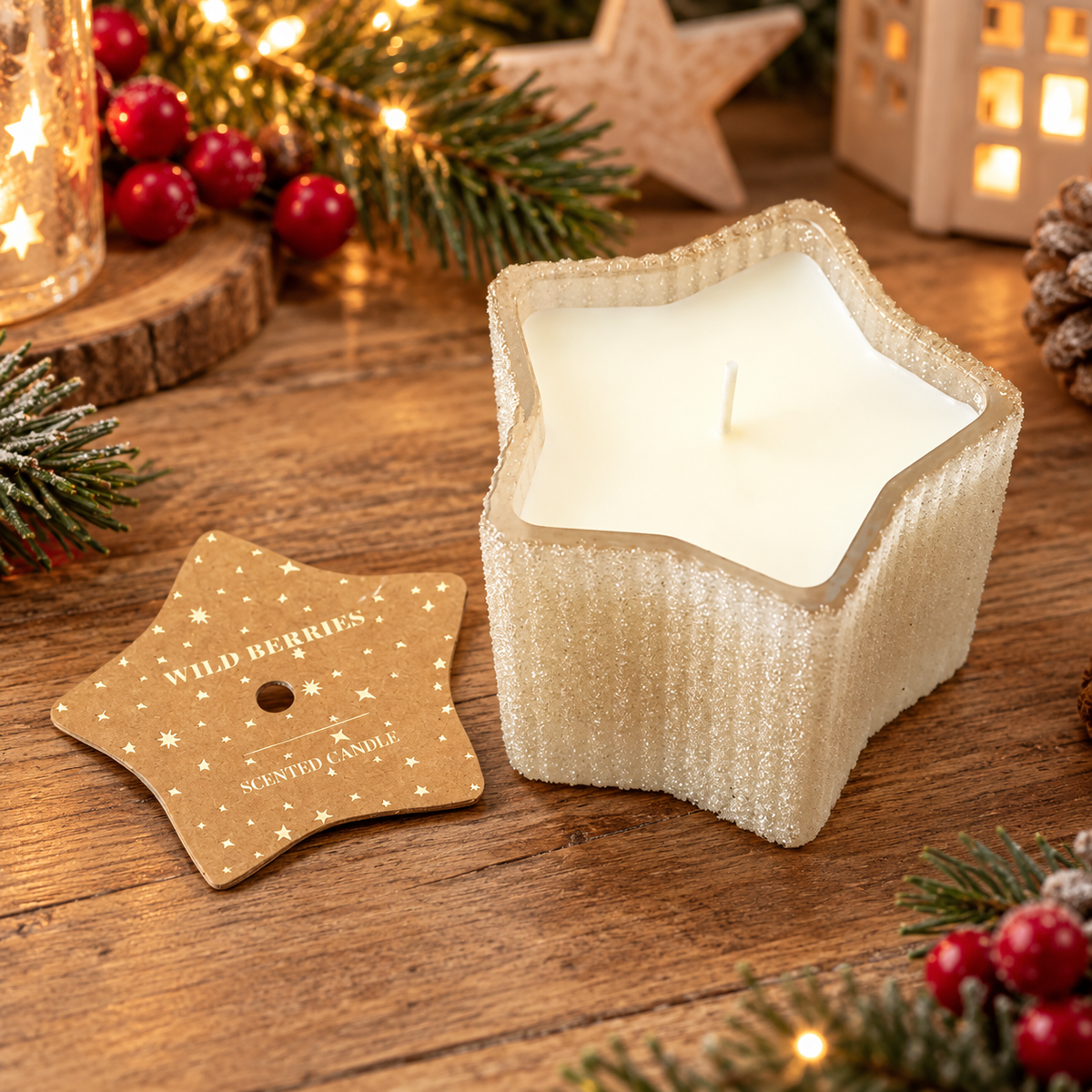 Wild Berries scented Christmas candle in a frosted cream star-shaped jar with white wax, displayed on a wooden surface with festive greenery and warm lights.