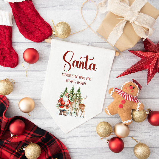 Personalised Santa Stop Here Pennant - Santa & Reindeers