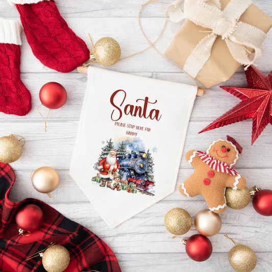 Personalised Santa Stop Here Christmas Train Pennant