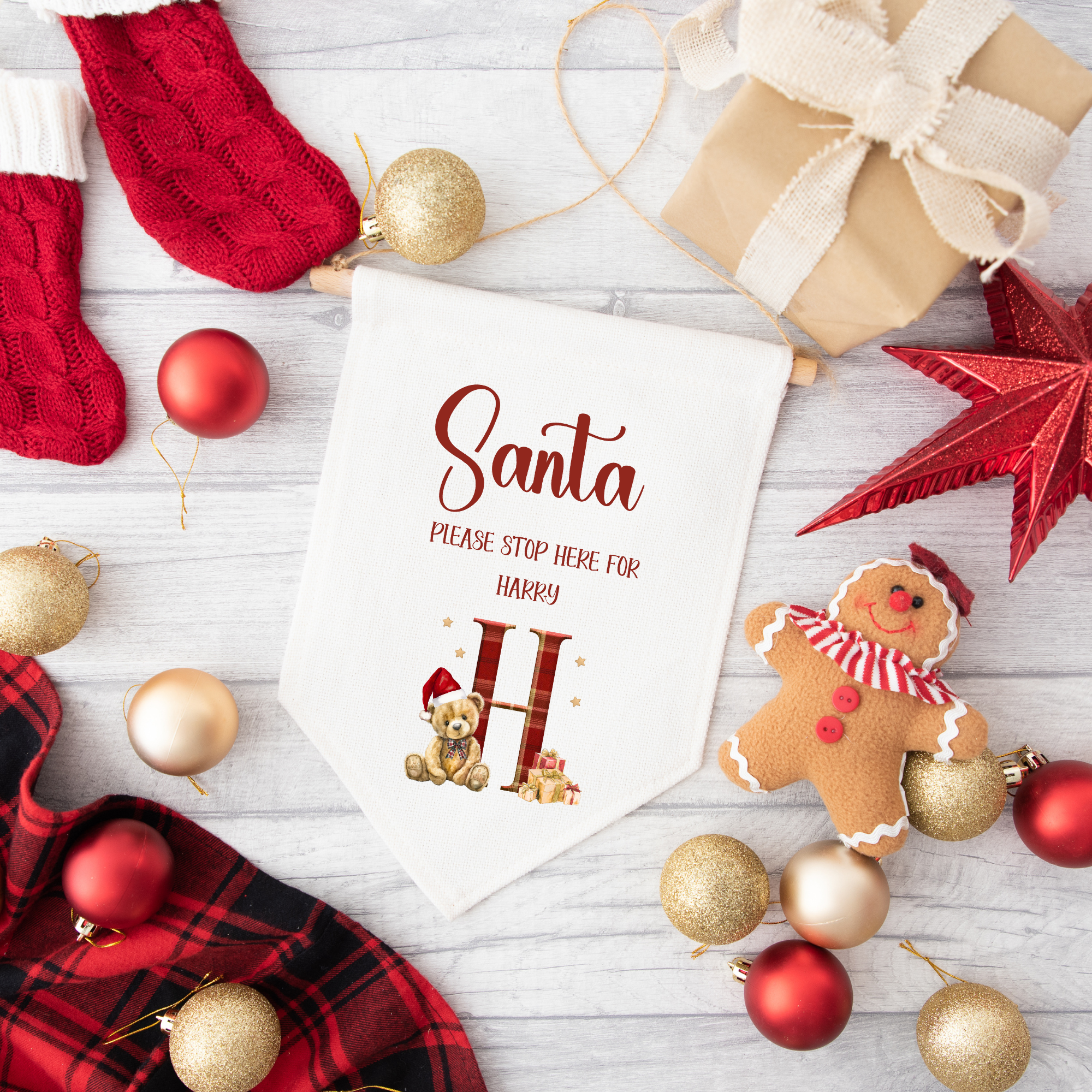 Personalised Pennant Christmas Bear & Initial