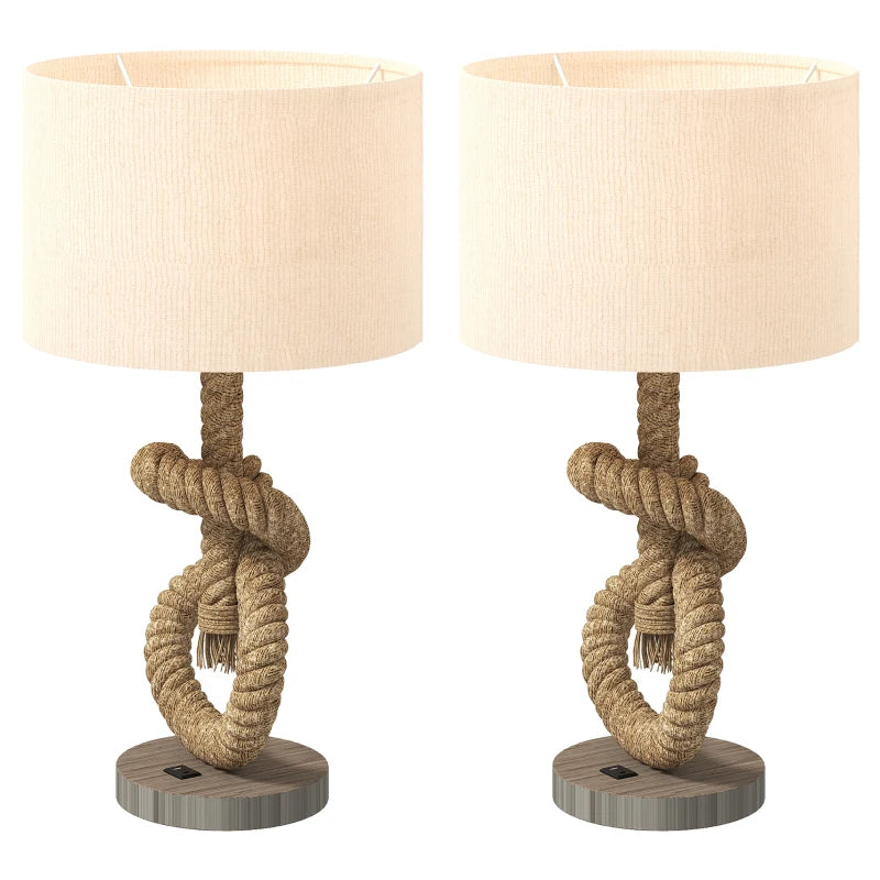 Nautical Table Lamps Set of 2 with USB Charging Port, Bedside Lamps for Bedroom Living Room, Warm White LED Bulb Included, with Hemp Rope, Natural