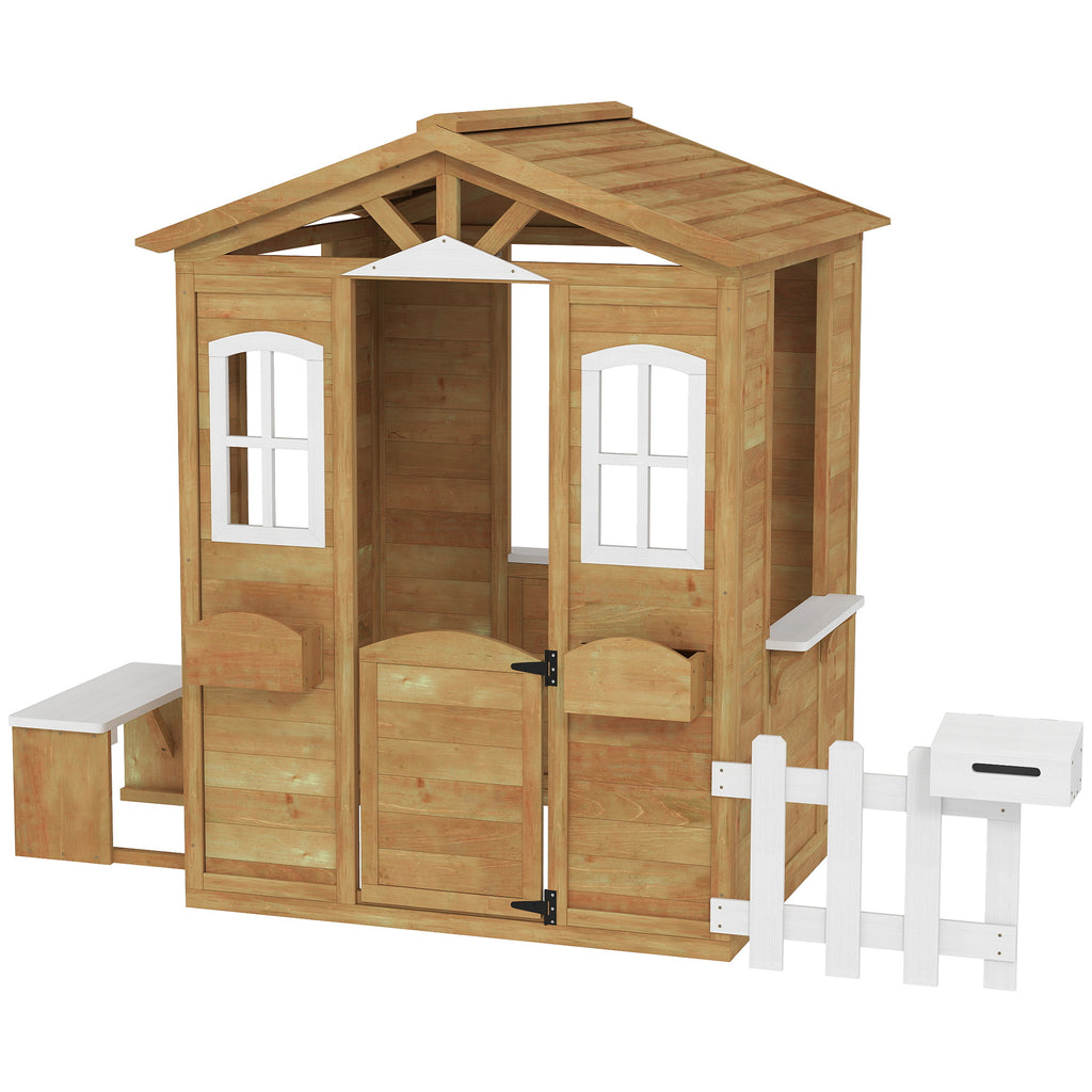 Wooden Playhouse for Kids with Door, Windows, Mailbox, Flower Pot Holder, Serving Station, Bench for Children