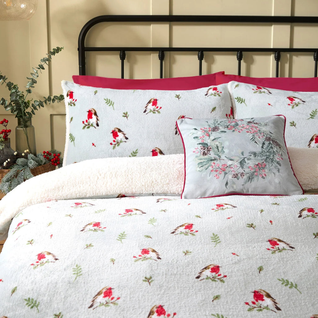 Winter Robin Christmas Fleece & Sherpa Duvet Cover Set in Duck Egg