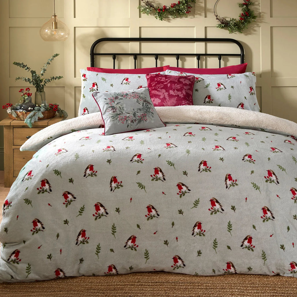 Winter Robin Christmas Fleece & Sherpa Duvet Cover Set in Duck Egg