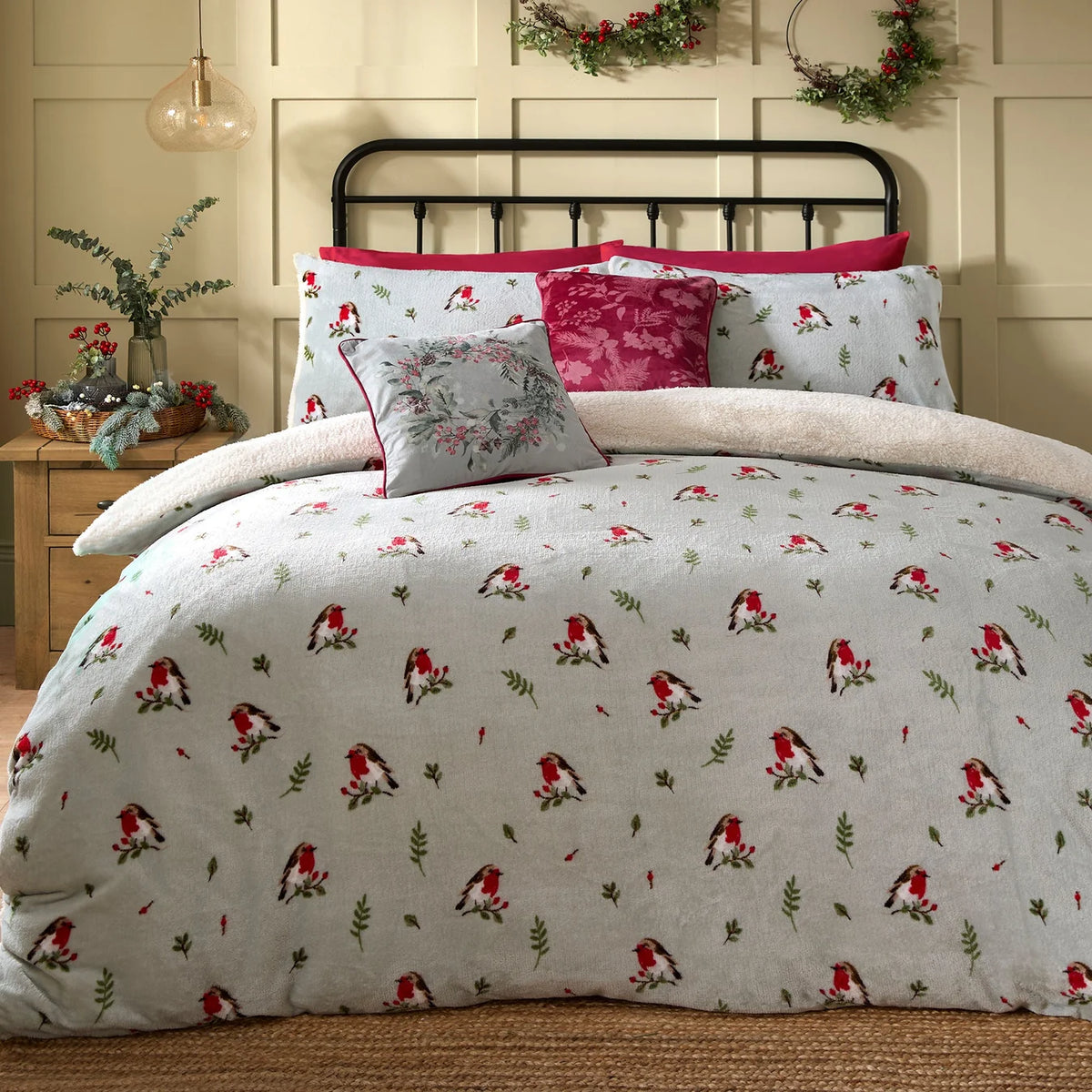 Winter Robin Christmas Fleece & Sherpa Duvet Cover Set in Duck Egg
