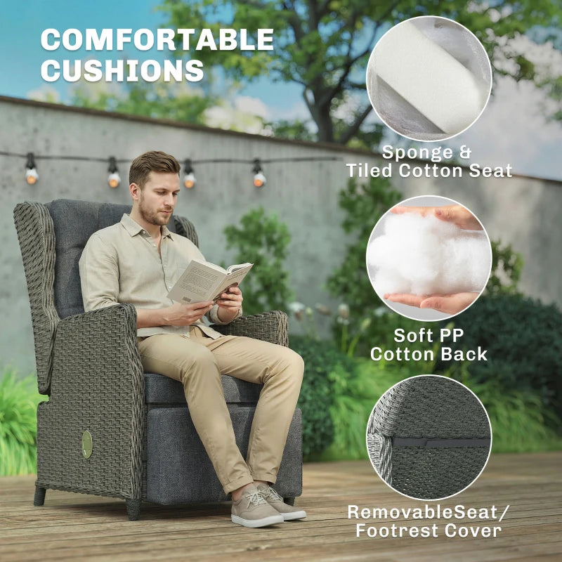 Rattan Garden Recliner Chair, Reclining Garden Chair with Adjustable Back and Footrest, Flip Table, Cushion
