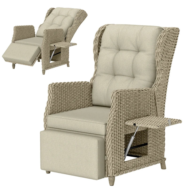 Rattan Garden Recliner Chair, Reclining Garden Chair with Adjustable Back and Footrest, Flip Table, Cushion