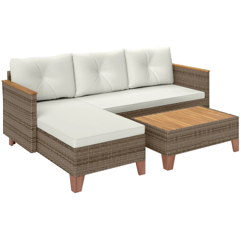3 Pieces Rattan Garden Furniture Set, L Shaped Chaise with Wood Top Coffee Table and Thick Cushions