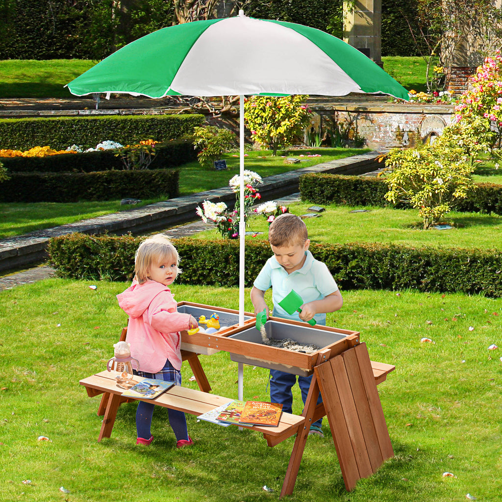 Kids Picnic Table with Benches, Wooden Sand and Water Table, Adjustable Parasol, Storage Bins, for Kids 3-6 Years, Brown