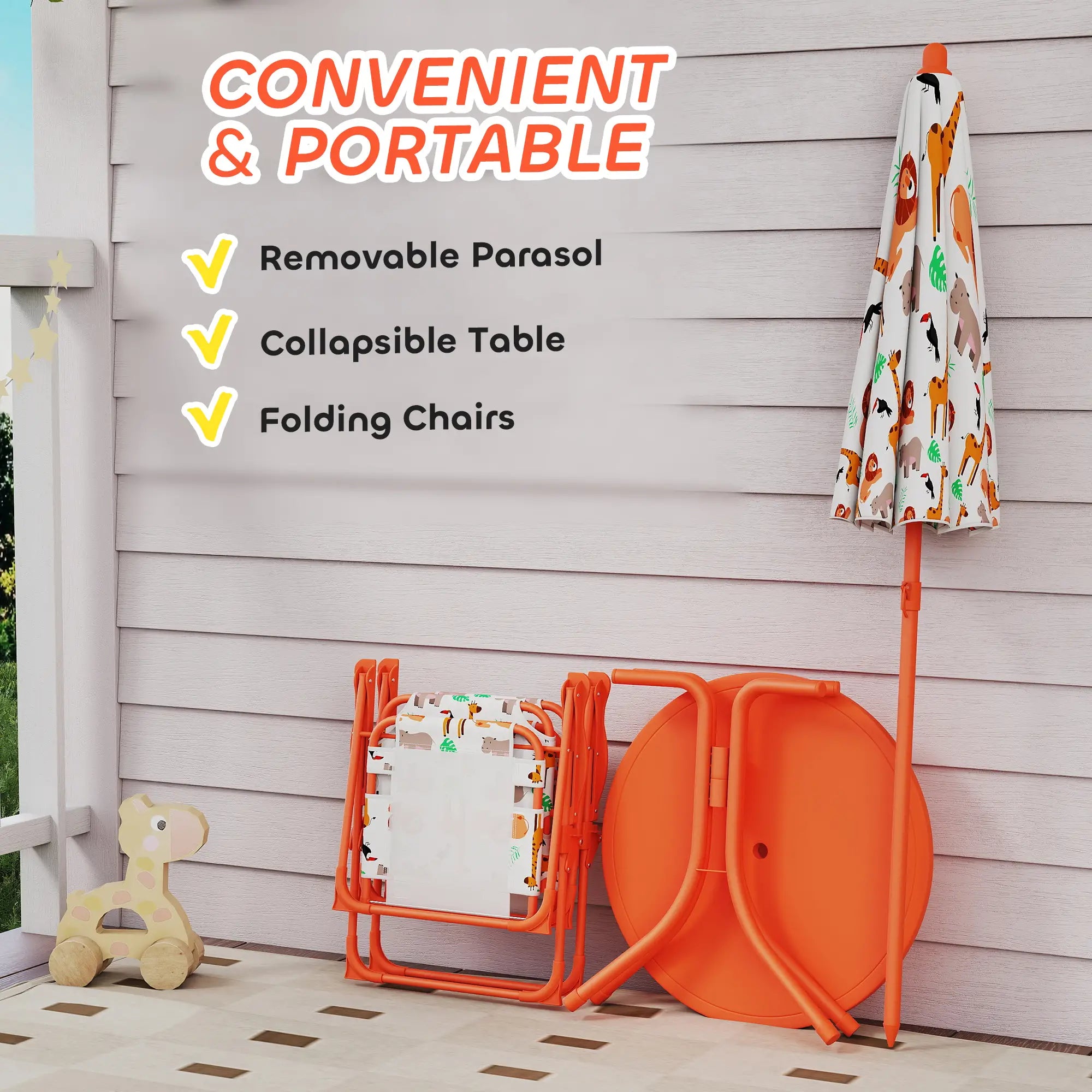 Kids Patio Set, Children Table and Chair Set, Outdoor Picnic Table with 2 Folding Chairs and Umbrella, Orange