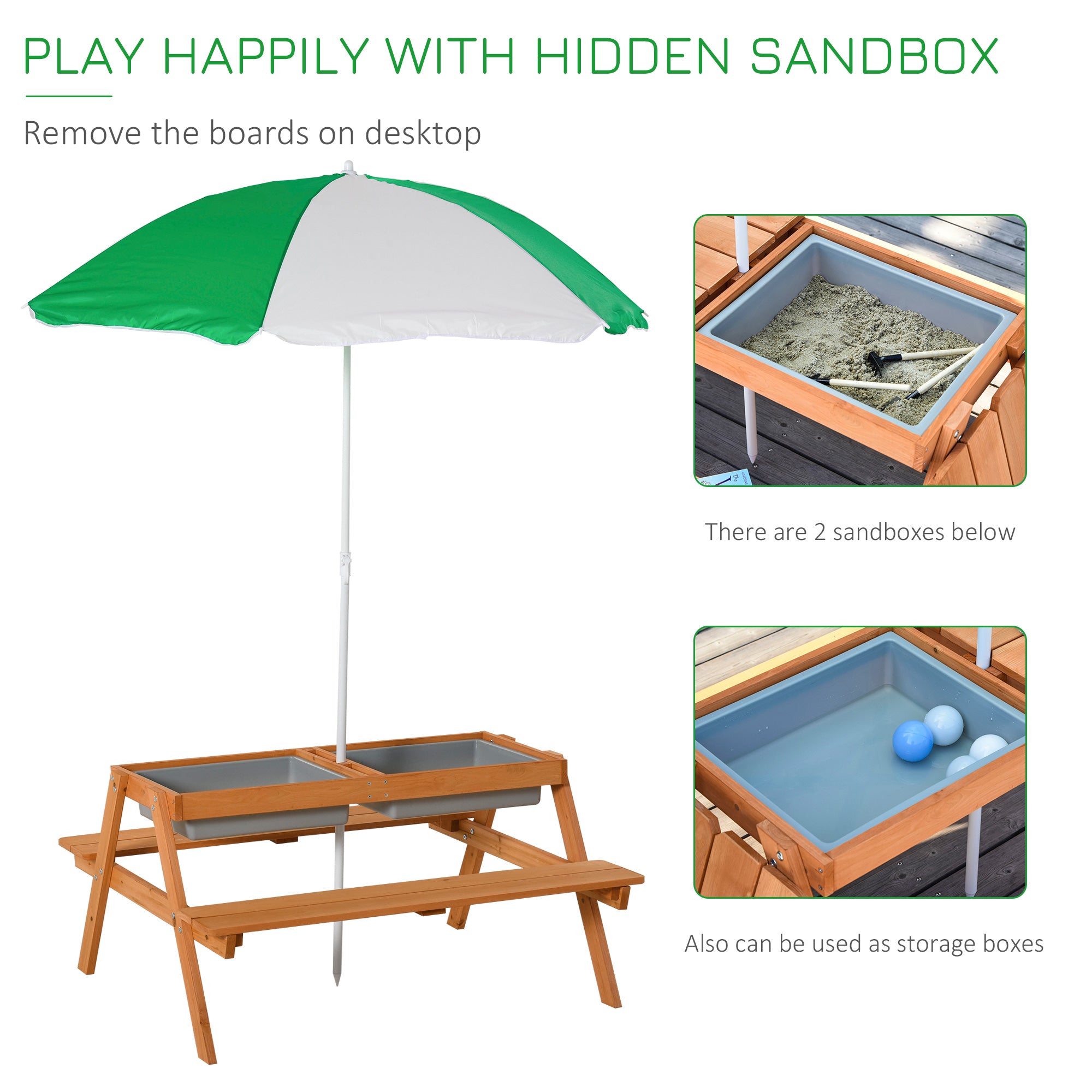 Kids Picnic Table with Benches, Wooden Sand and Water Table, Adjustable Parasol, Storage Bins, for Kids 3-6 Years, Brown