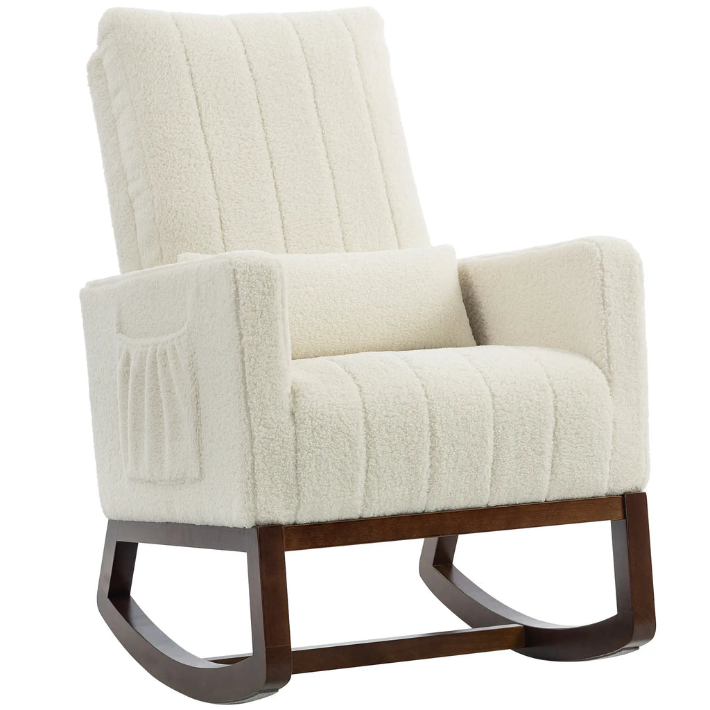 Rocking Chair for Adults, Lounge Rocker Chair with Lumbar Pillow, High Back, Wood Base, Side Pockets, Cream White