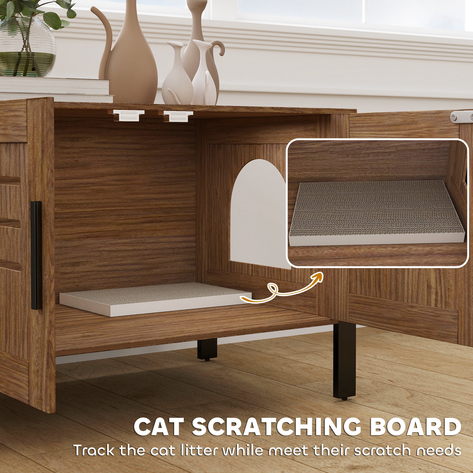 Cat Litter Box Enclosure with Tall Legs, Scratching Board, Double Doors, Ventilation Holes, 80 x 45 x 50 cm, Dark Brown
