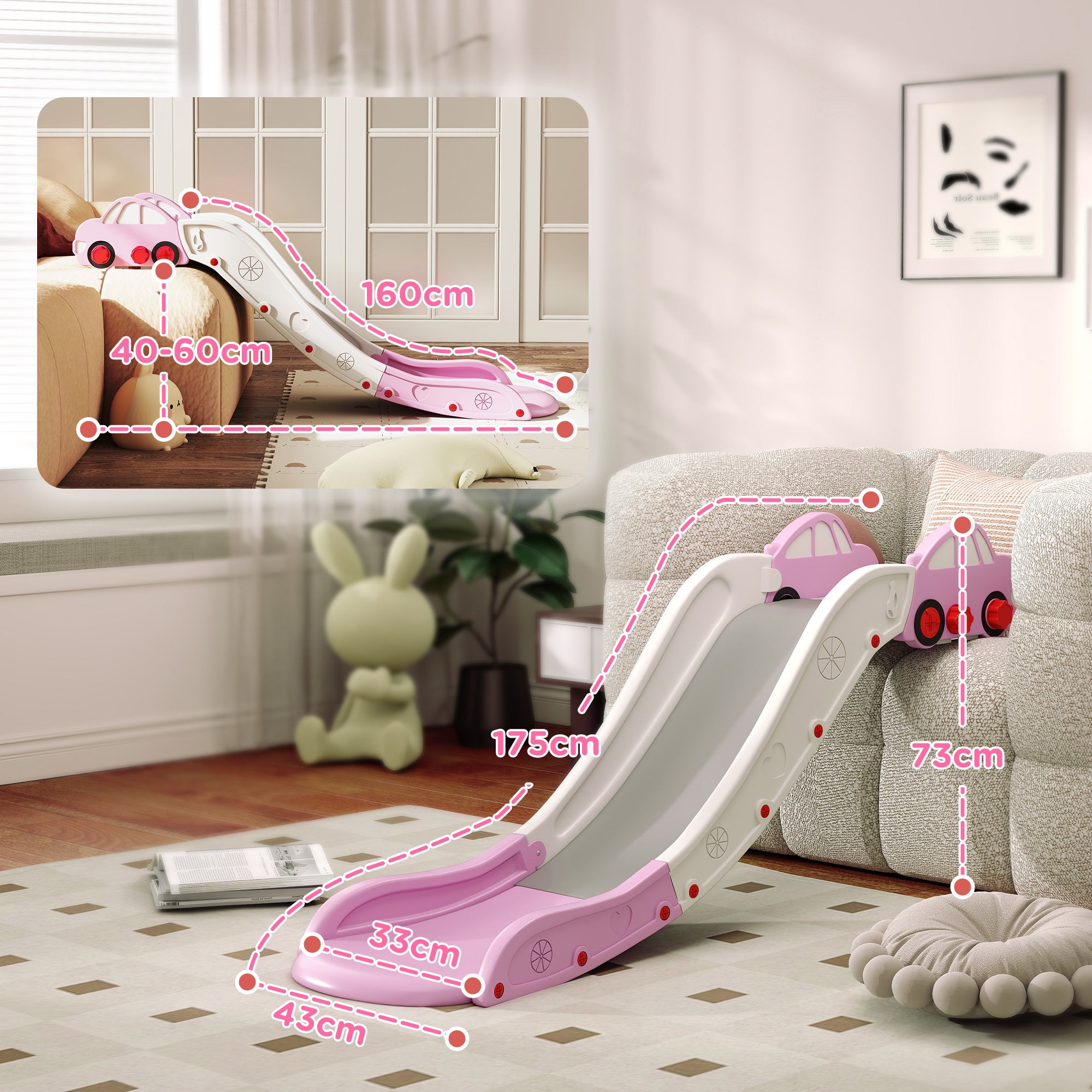 Kids Slide for Bed, Sofa, with Extended Length, Easy to assemble and Store, Pink