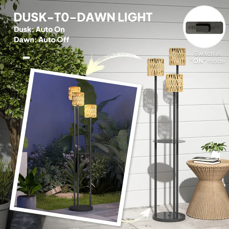 Boho Rattan Floor Lamp, 3-Lights Rattan Lamp with Shelf, Freestanding Solar Garden Light with Auto On/Off Lights