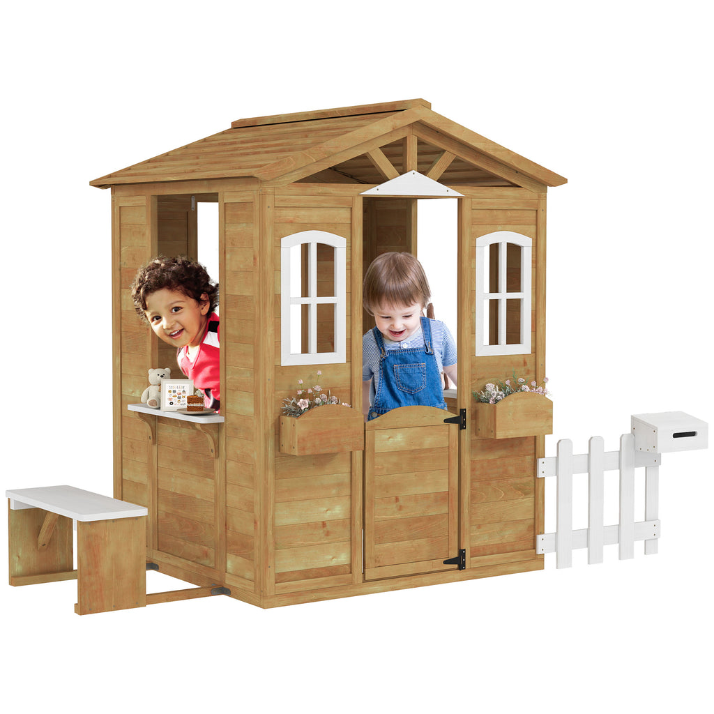 Wooden Playhouse for Kids with Door, Windows, Mailbox, Flower Pot Holder, Serving Station, Bench for Children